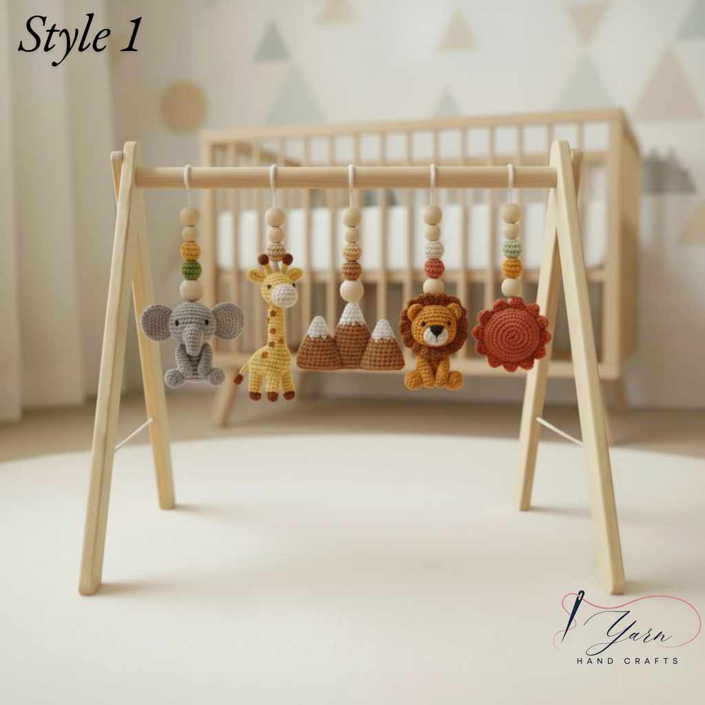 Handmade Custom Safari Baby Gym, Personalized Wooden Play Gym with Crochet Hanging Toys, Montessori Baby Activity Gym, Neutral Nursery Decor, Baby Shower Gift