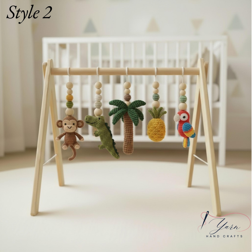 Handmade Custom Safari Baby Gym, Personalized Wooden Play Gym with Crochet Hanging Toys, Montessori Baby Activity Gym, Neutral Nursery Decor, Baby Shower Gift