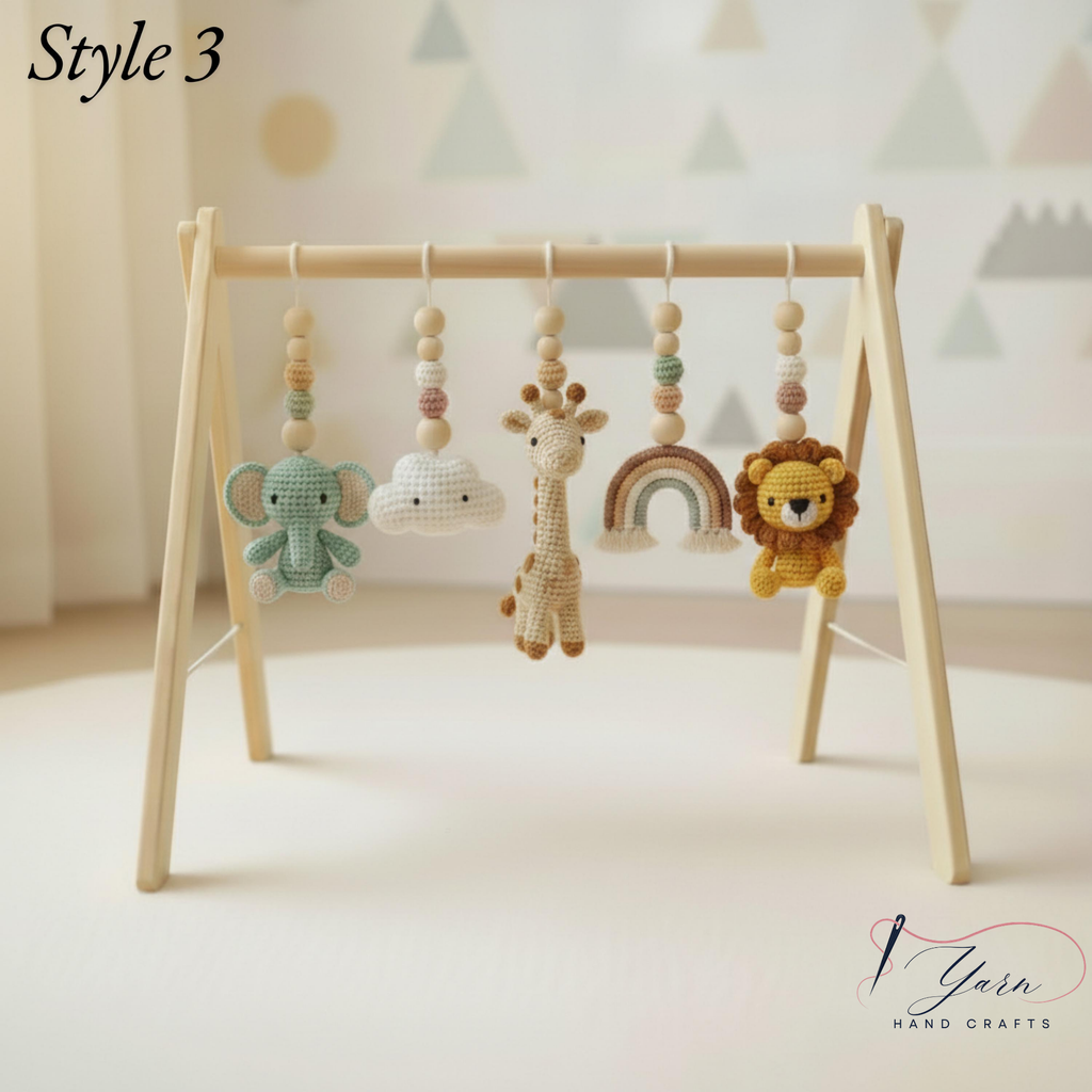 Handmade Custom Safari Baby Gym, Personalized Wooden Play Gym with Crochet Hanging Toys, Montessori Baby Activity Gym, Neutral Nursery Decor, Baby Shower Gift