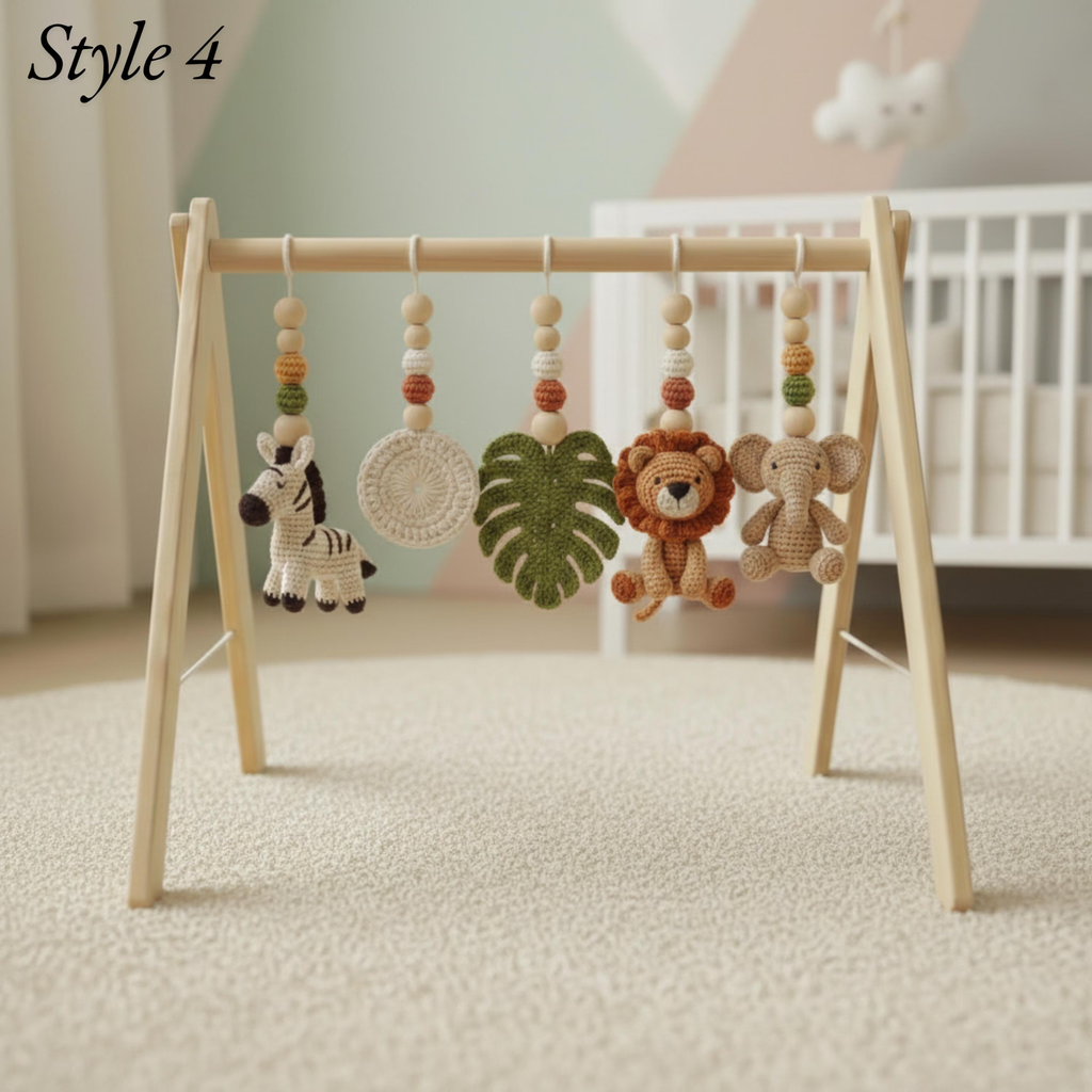 Handmade Custom Safari Baby Gym, Personalized Wooden Play Gym with Crochet Hanging Toys, Montessori Baby Activity Gym, Neutral Nursery Decor, Baby Shower Gift