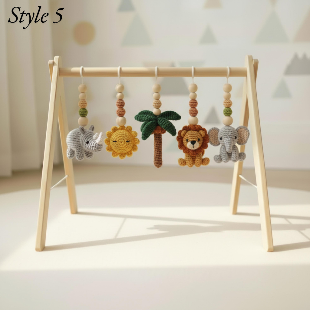 Handmade Custom Safari Baby Gym, Personalized Wooden Play Gym with Crochet Hanging Toys, Montessori Baby Activity Gym, Neutral Nursery Decor, Baby Shower Gift