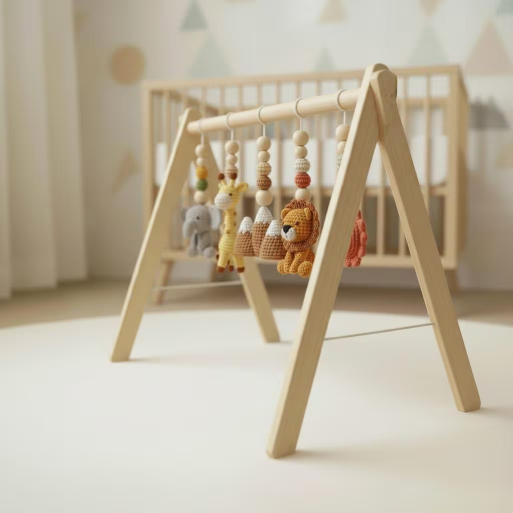 Handmade Custom Safari Baby Gym, Personalized Wooden Play Gym with Crochet Hanging Toys, Montessori Baby Activity Gym, Neutral Nursery Decor, Baby Shower Gift