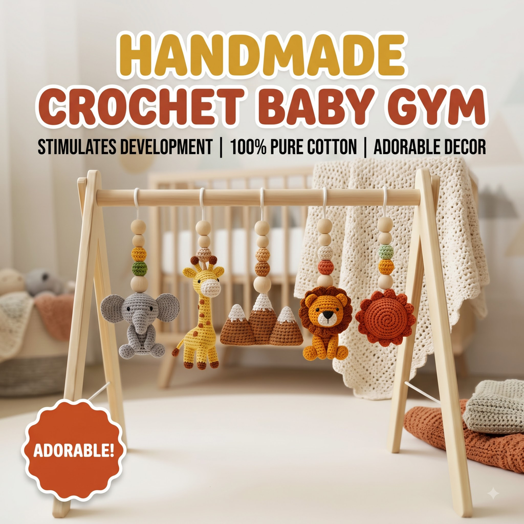 Handmade Custom Safari Baby Gym, Personalized Wooden Play Gym with Crochet Hanging Toys, Montessori Baby Activity Gym, Neutral Nursery Decor, Baby Shower Gift