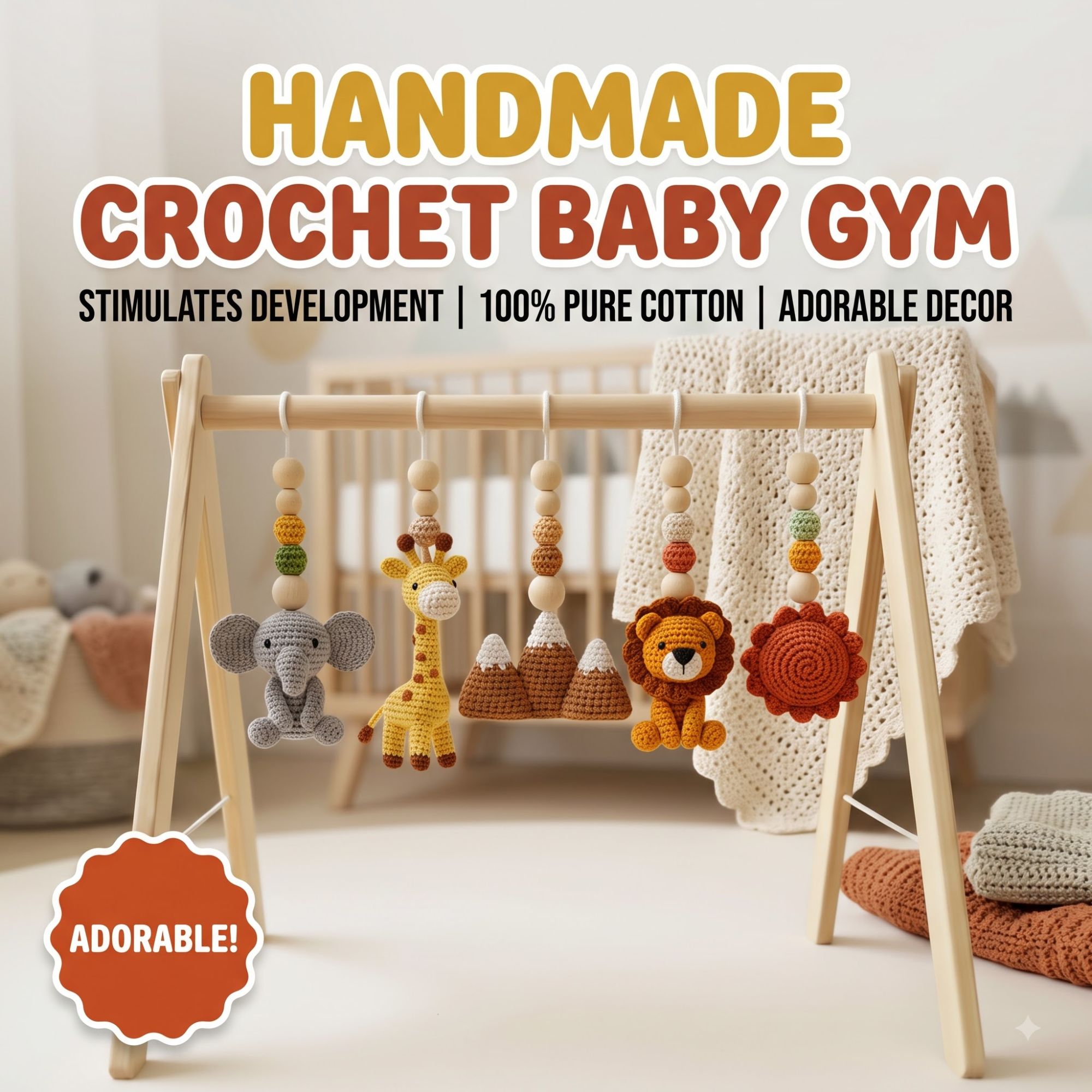 Handmade Custom Safari Baby Gym, Personalized Wooden Play Gym with Crochet Hanging Toys, Montessori Baby Activity Gym, Neutral Nursery Decor, Baby Shower Gift