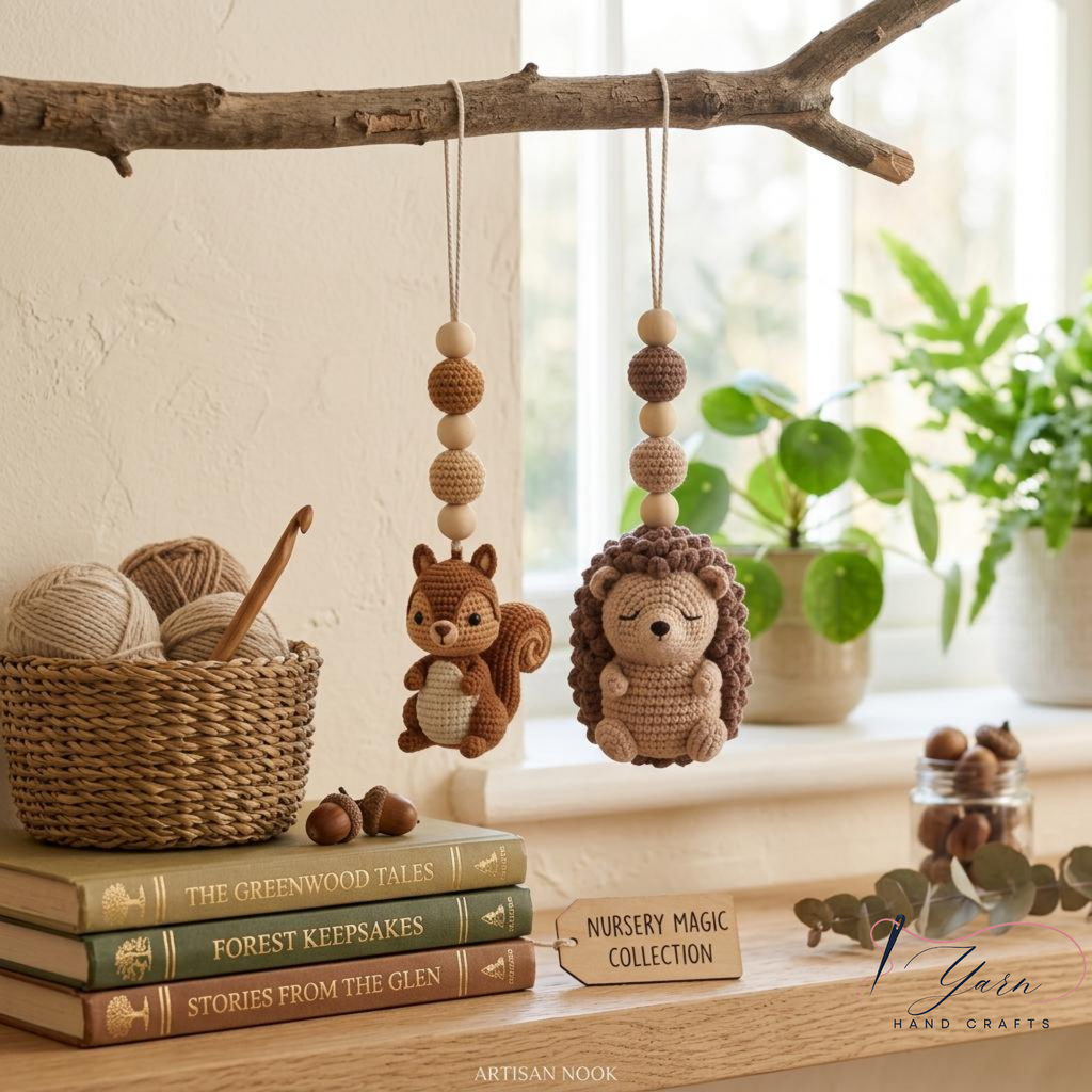Crochet Baby Gym Accessories Set, Woodland Squirrel & Hedgehog Hanging Toys, Montessori Sensory Toy, Neutral Nursery Decor, Baby Shower Gift
