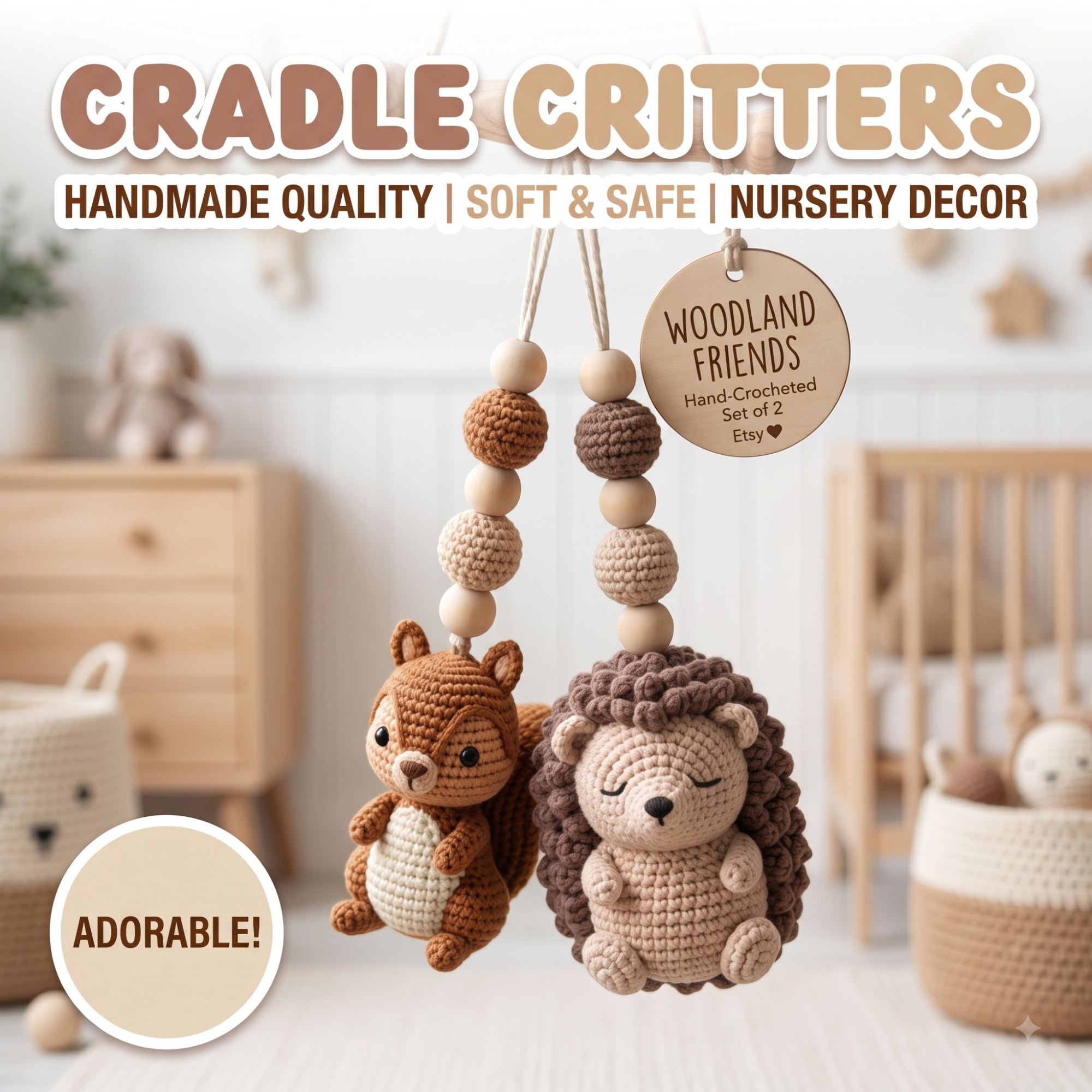 Crochet Baby Gym Accessories Set, Woodland Squirrel & Hedgehog Hanging Toys, Montessori Sensory Toy, Neutral Nursery Decor, Baby Shower Gift