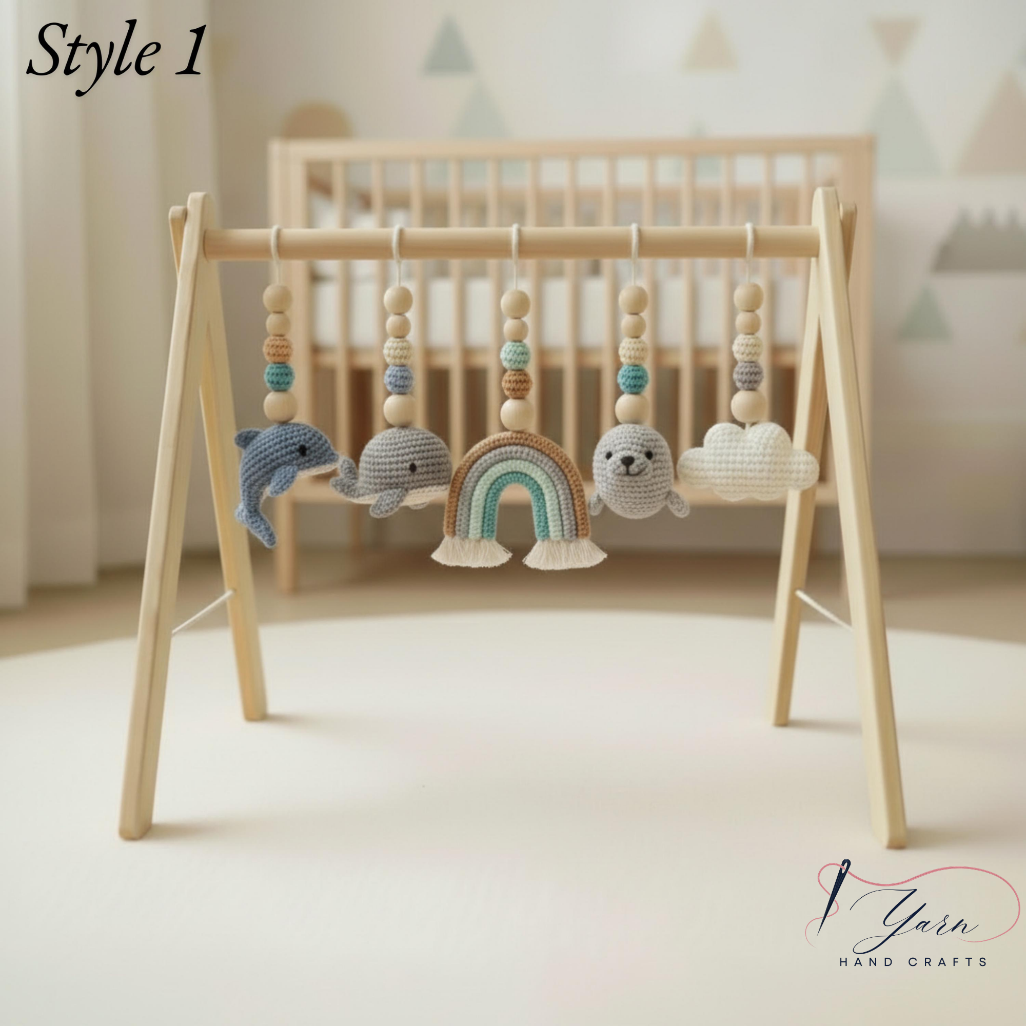 Handmade Custom Ocean Baby Gym | Personalized Wooden Play Gym with Crochet Sea Theme Toys | Neutral Montessori Nursery Decor
