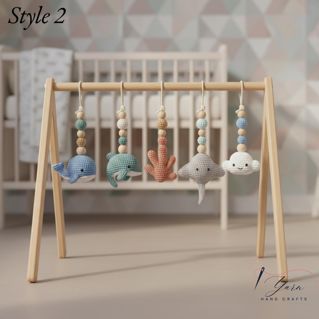 Handmade Custom Ocean Baby Gym | Personalized Wooden Play Gym with Crochet Sea Theme Toys | Neutral Montessori Nursery Decor