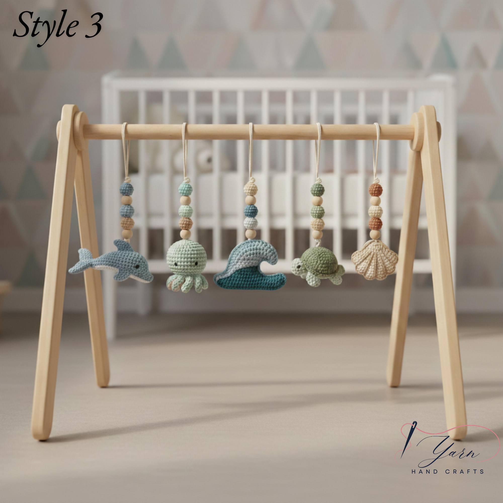 Handmade Custom Ocean Baby Gym | Personalized Wooden Play Gym with Crochet Sea Theme Toys | Neutral Montessori Nursery Decor