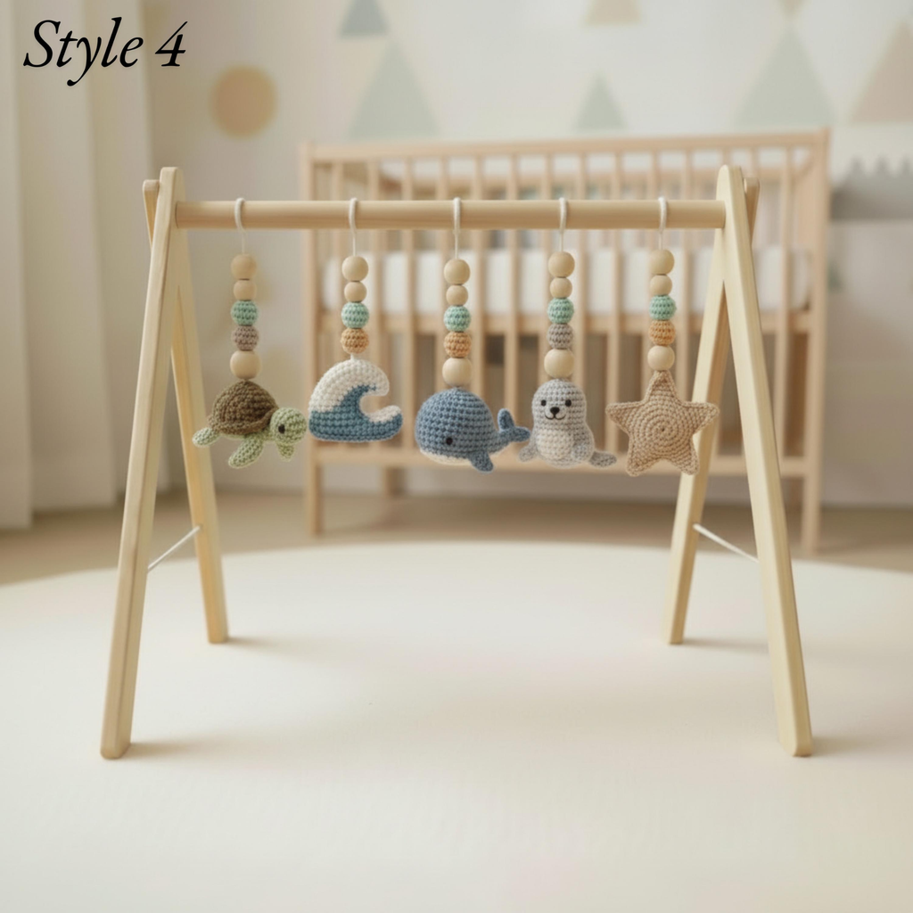 Handmade Custom Ocean Baby Gym | Personalized Wooden Play Gym with Crochet Sea Theme Toys | Neutral Montessori Nursery Decor