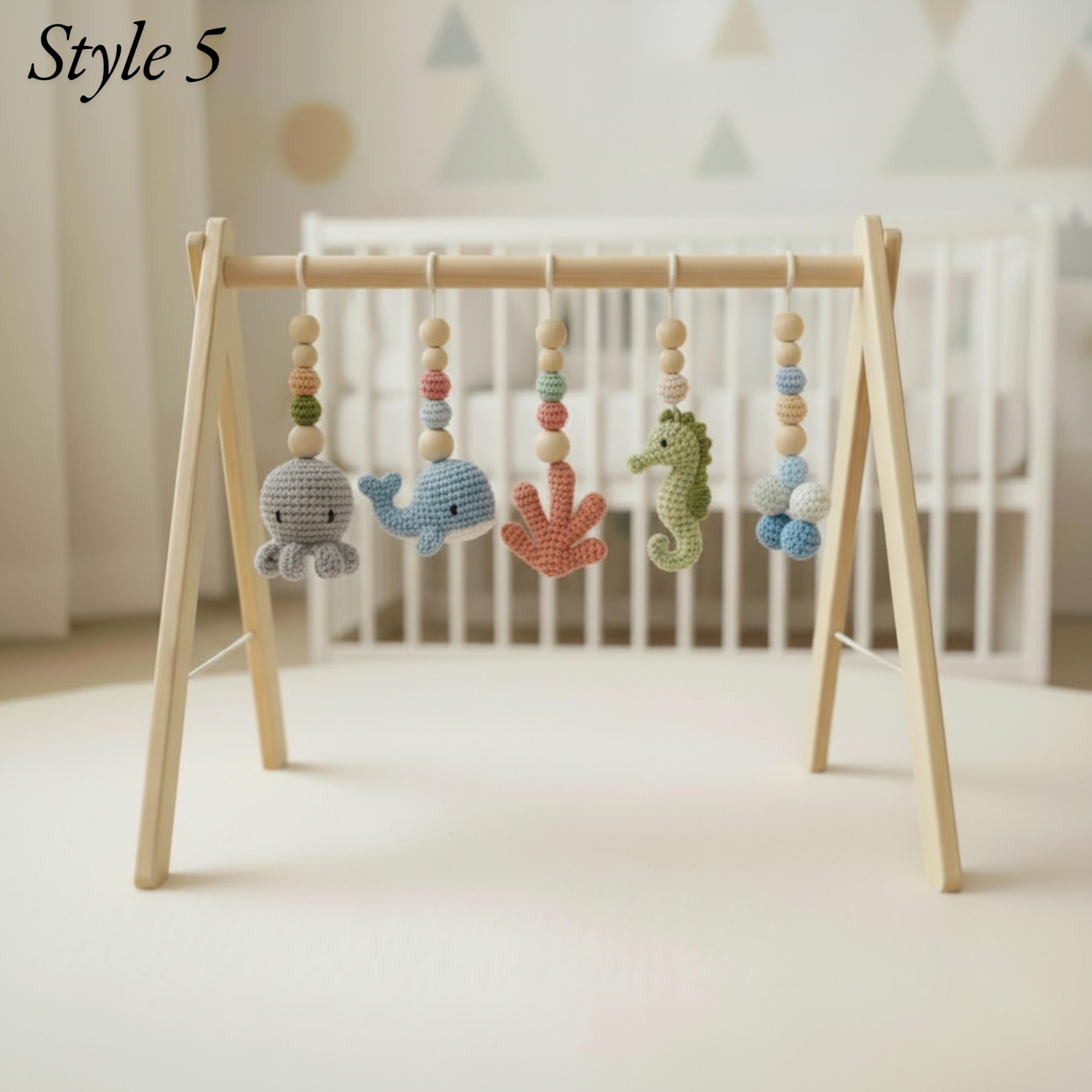 Handmade Custom Ocean Baby Gym | Personalized Wooden Play Gym with Crochet Sea Theme Toys | Neutral Montessori Nursery Decor