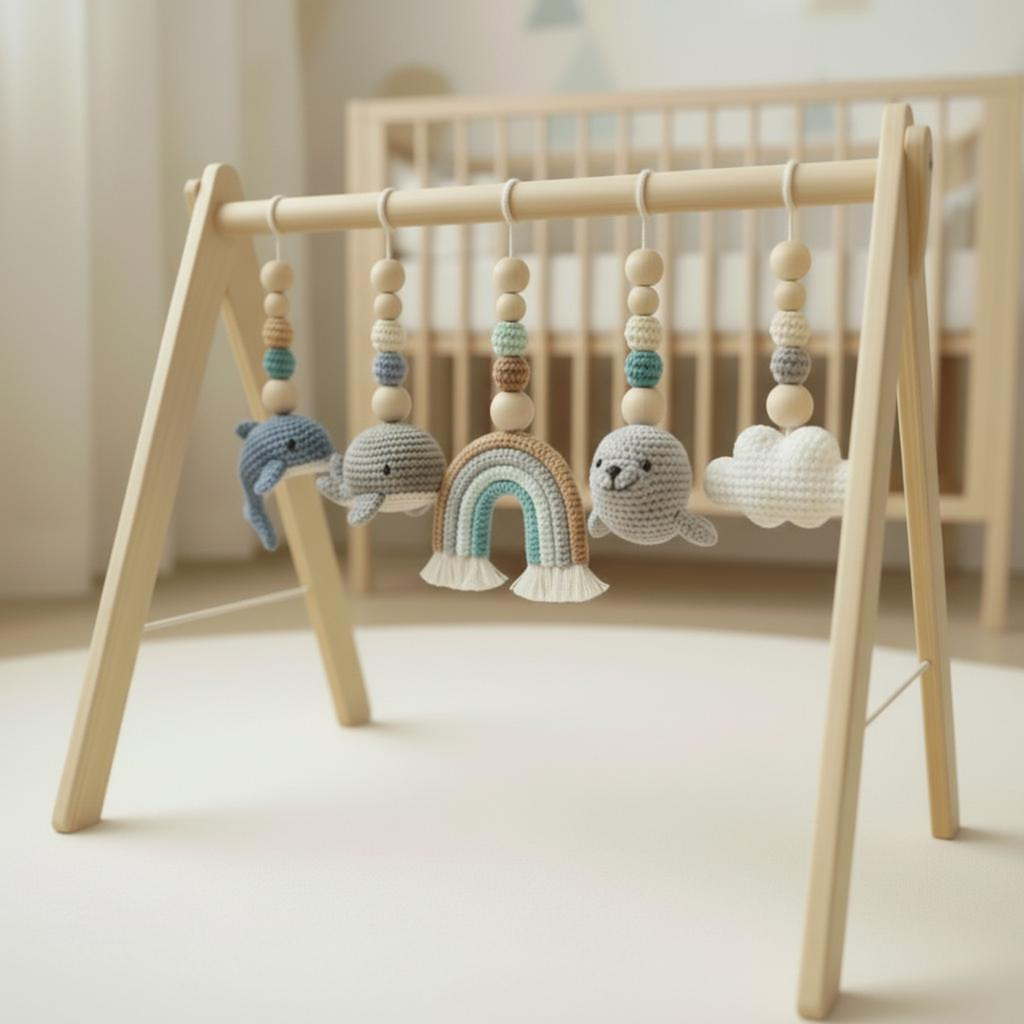 Handmade Custom Ocean Baby Gym | Personalized Wooden Play Gym with Crochet Sea Theme Toys | Neutral Montessori Nursery Decor