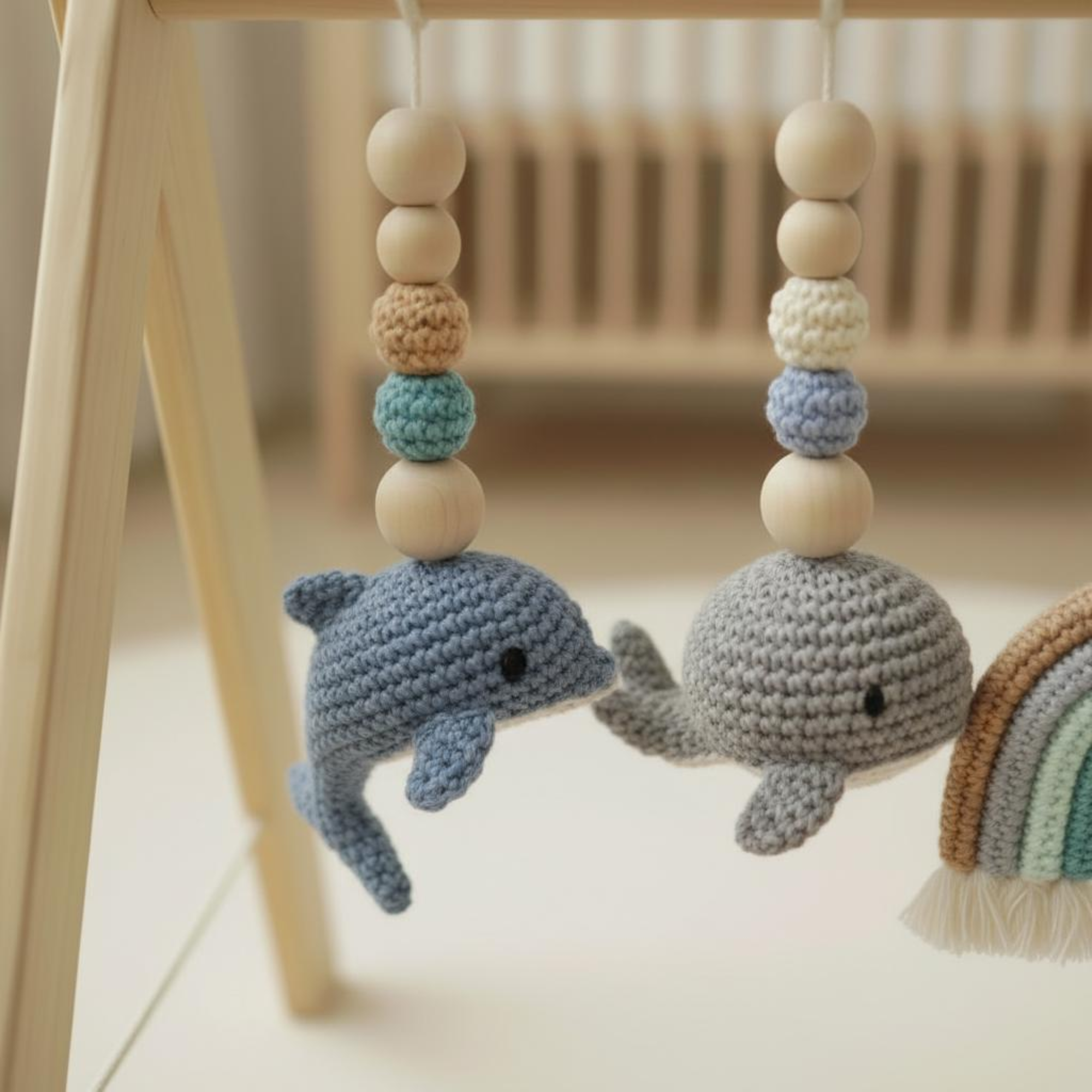 Handmade Custom Ocean Baby Gym | Personalized Wooden Play Gym with Crochet Sea Theme Toys | Neutral Montessori Nursery Decor