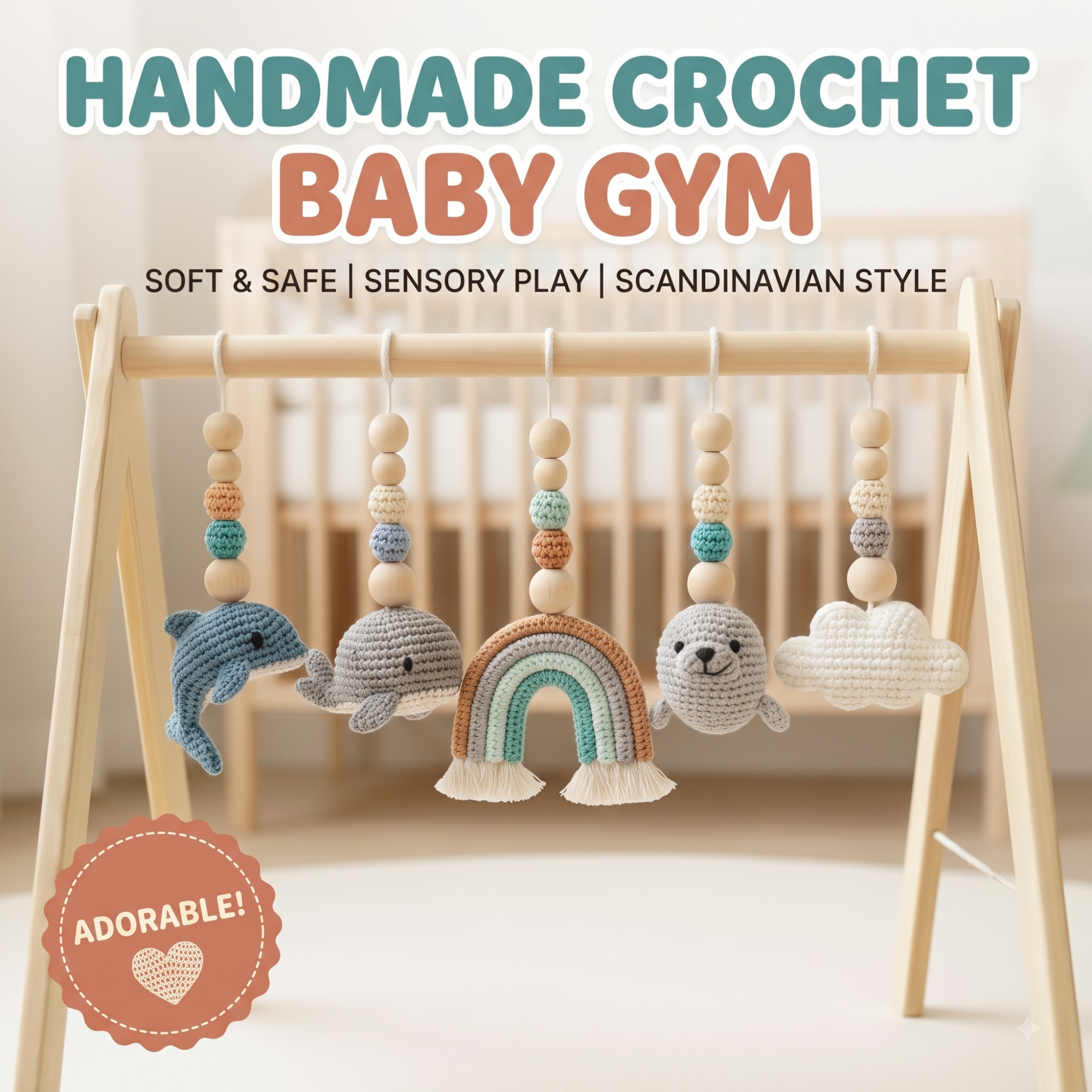 Handmade Custom Ocean Baby Gym | Personalized Wooden Play Gym with Crochet Sea Theme Toys | Neutral Montessori Nursery Decor