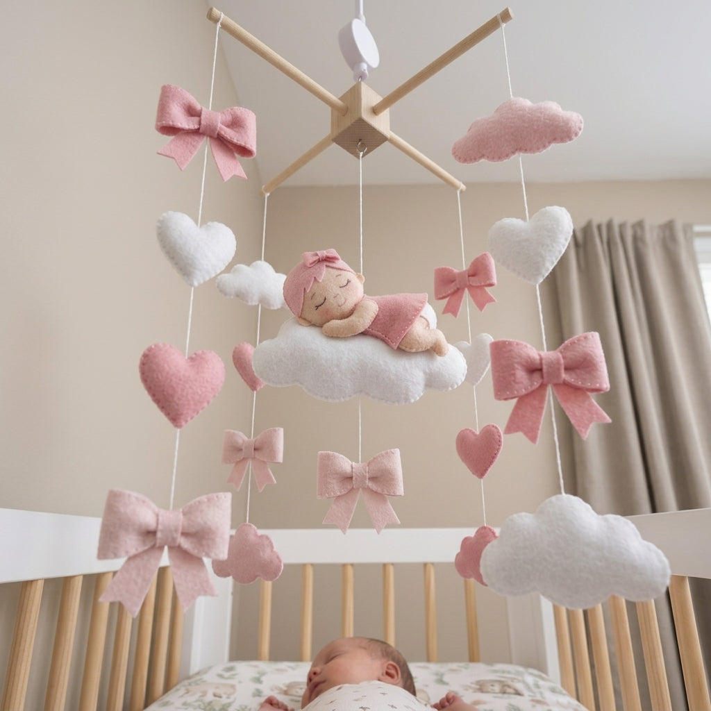 Sweet Dreams Baby Girl Felt Mobile, Handmade Pink Crib Hanging with Hearts, Bows and Clouds, Newborn Nursery Gift