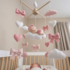 Sweet Dreams Baby Girl Felt Mobile, Handmade Pink Crib Hanging with Hearts, Bows and Clouds, Newborn Nursery Gift