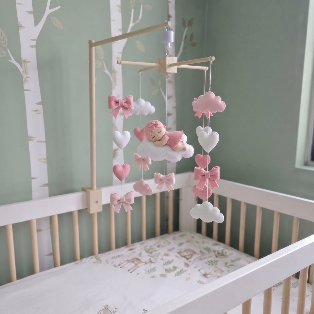 Sweet Dreams Baby Girl Felt Mobile, Handmade Pink Crib Hanging with Hearts, Bows and Clouds, Newborn Nursery Gift