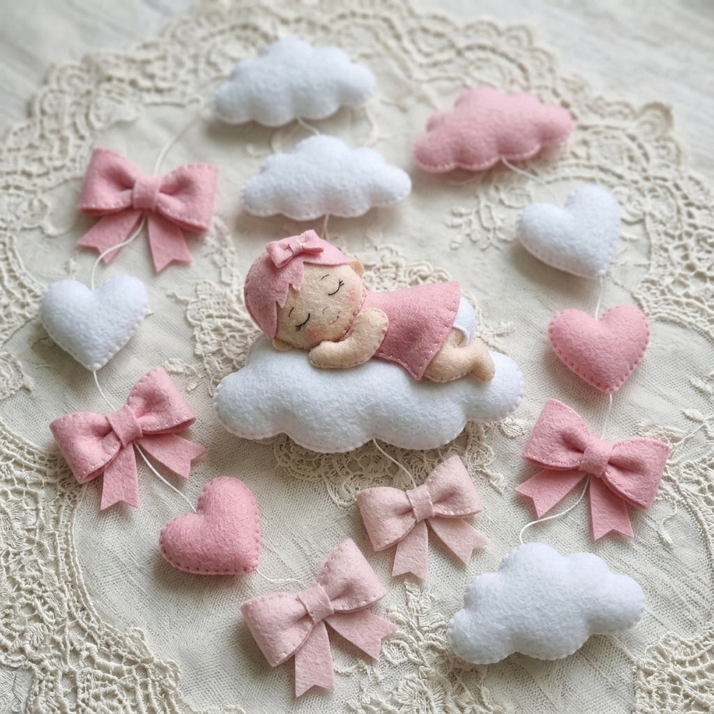 Sweet Dreams Baby Girl Felt Mobile, Handmade Pink Crib Hanging with Hearts, Bows and Clouds, Newborn Nursery Gift