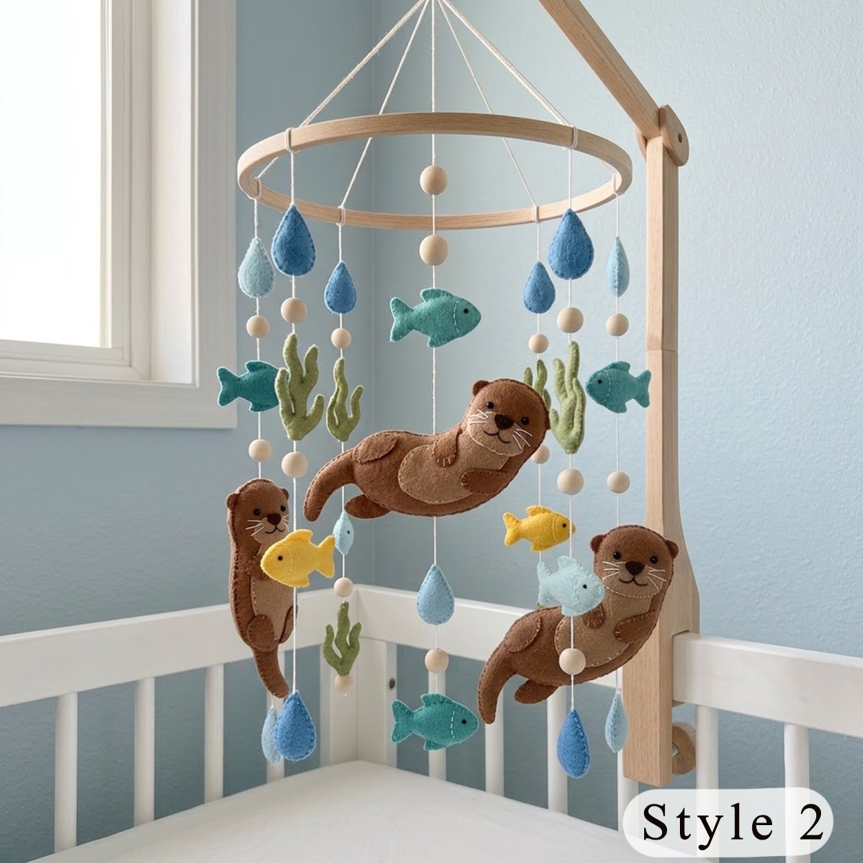 Playful Otter Felt Baby Mobile, Handmade River Crib Hanging with Fish, Seaweed and Raindrops