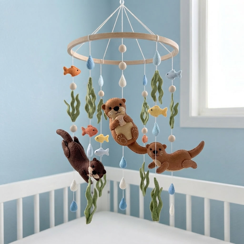 Playful Otter Felt Baby Mobile, Handmade River Crib Hanging with Fish, Seaweed and Raindrops