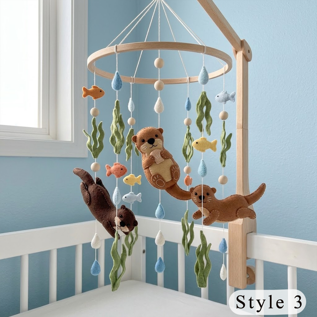 Playful Otter Felt Baby Mobile, Handmade River Crib Hanging with Fish, Seaweed and Raindrops