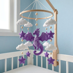 Purple Dragon Sky Felt Crib Mobile, Handmade Celestial Nursery Hanging with Clouds and Stars, Magical Baby Gift