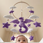 Purple Dragon Sky Felt Crib Mobile, Handmade Celestial Nursery Hanging with Clouds and Stars, Magical Baby Gift