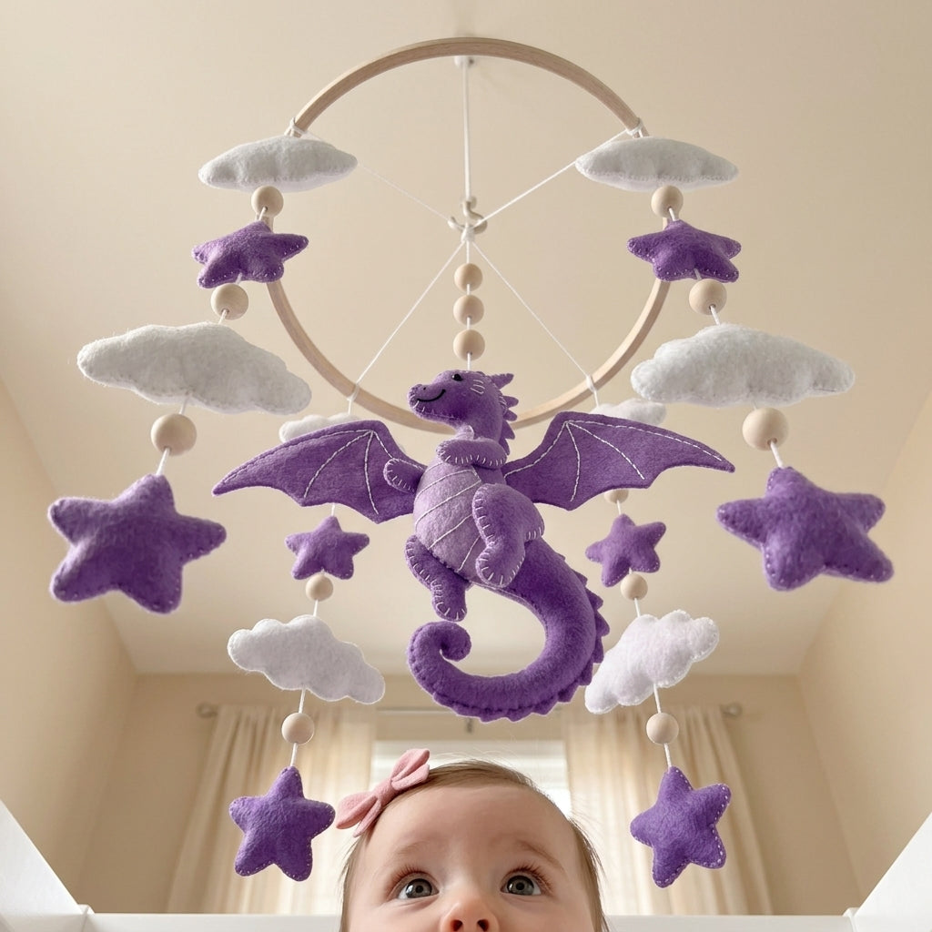 Purple Dragon Sky Felt Crib Mobile, Handmade Celestial Nursery Hanging with Clouds and Stars, Magical Baby Gift