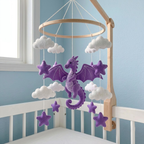 Purple Dragon Sky Felt Crib Mobile, Handmade Celestial Nursery Hanging with Clouds and Stars, Magical Baby Gift