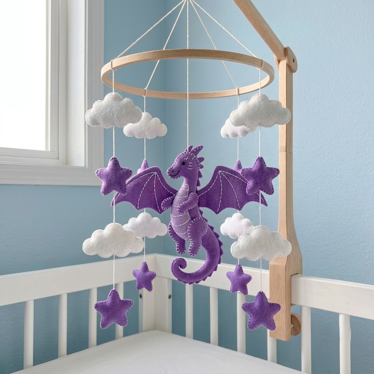 Purple Dragon Sky Felt Crib Mobile, Handmade Celestial Nursery Hanging with Clouds and Stars, Magical Baby Gift