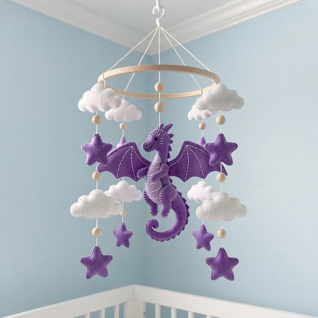 Purple Dragon Sky Felt Crib Mobile, Handmade Celestial Nursery Hanging with Clouds and Stars, Magical Baby Gift