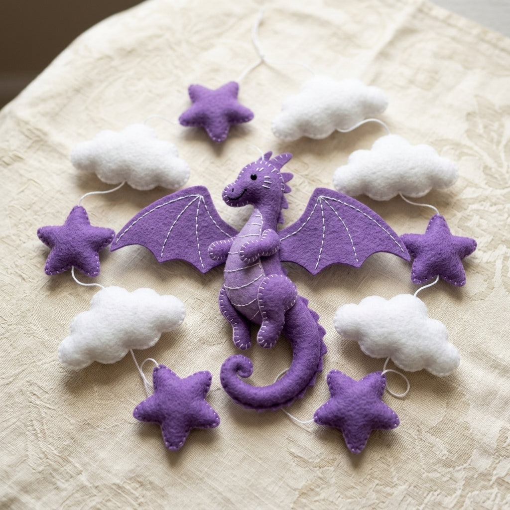 Purple Dragon Sky Felt Crib Mobile, Handmade Celestial Nursery Hanging with Clouds and Stars, Magical Baby Gift