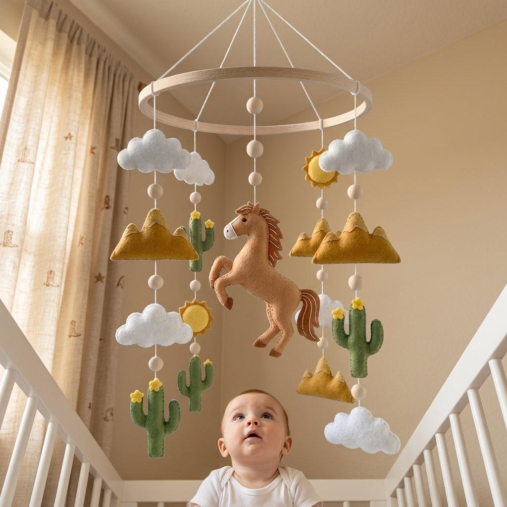 Southwestern Horse Felt Baby Mobile, Handmade Desert Nursery Decor with Cactus, Mountains and Sunshine