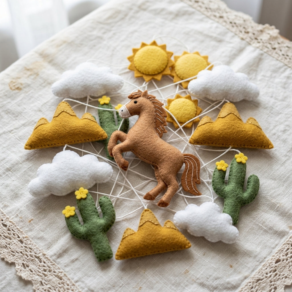 Southwestern Horse Felt Baby Mobile, Handmade Desert Nursery Decor with Cactus, Mountains and Sunshine