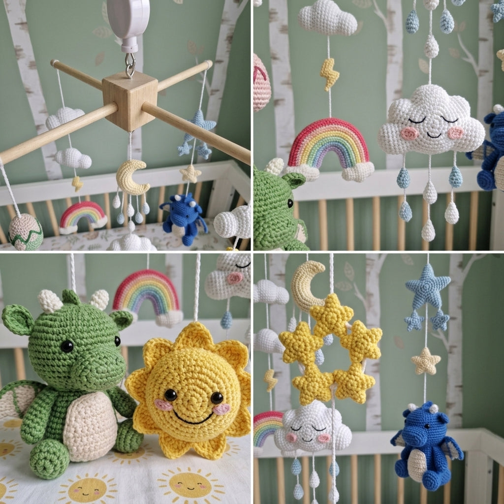 Dragon Dreamland Crochet Baby Mobile, Handmade Fantasy Crib Hanging with Rainbow, Moon, Sun and Clouds