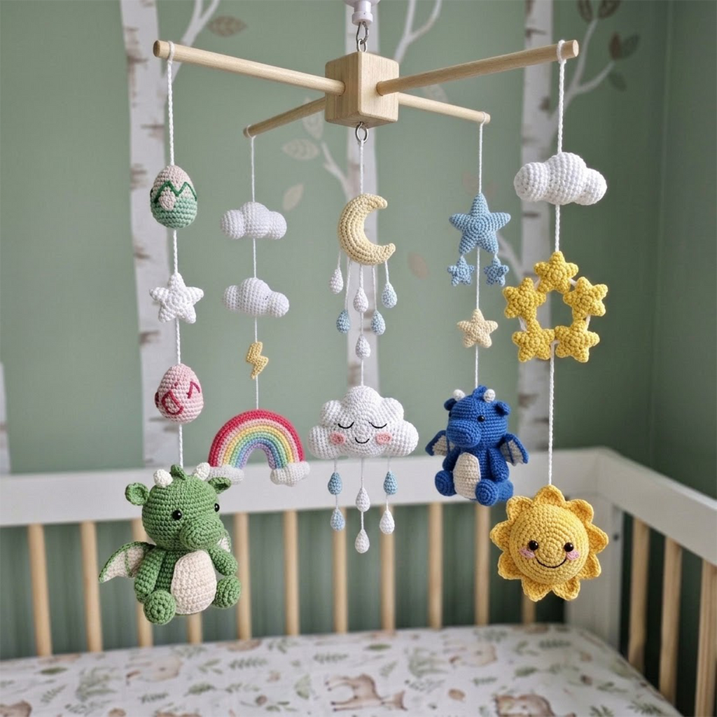 Dragon Dreamland Crochet Baby Mobile, Handmade Fantasy Crib Hanging with Rainbow, Moon, Sun and Clouds