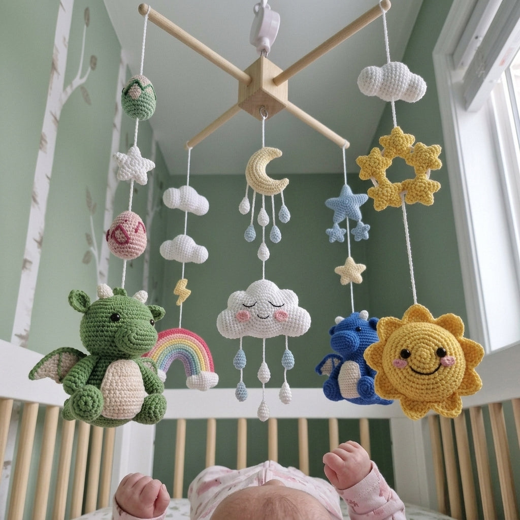 Dragon Dreamland Crochet Baby Mobile, Handmade Fantasy Crib Hanging with Rainbow, Moon, Sun and Clouds