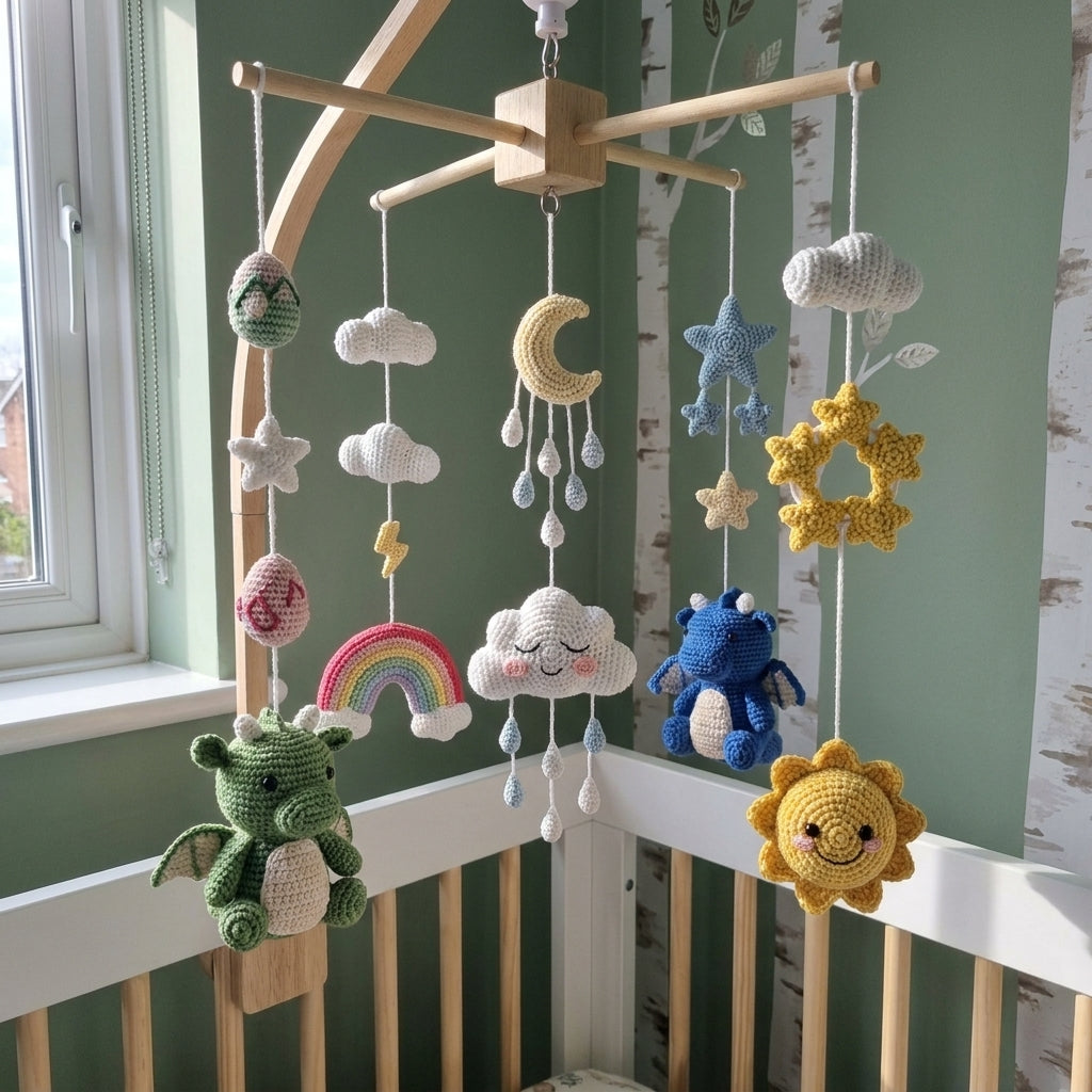 Dragon Dreamland Crochet Baby Mobile, Handmade Fantasy Crib Hanging with Rainbow, Moon, Sun and Clouds