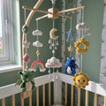 Dragon Dreamland Crochet Baby Mobile, Handmade Fantasy Crib Hanging with Rainbow, Moon, Sun and Clouds