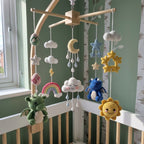 Dragon Dreamland Crochet Baby Mobile, Handmade Fantasy Crib Hanging with Rainbow, Moon, Sun and Clouds