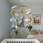 Moonlit Desert Wolf Felt Baby Mobile, Handmade Crib Hanging with Cactus, Mountains and Clouds, Western Nursery Decor
