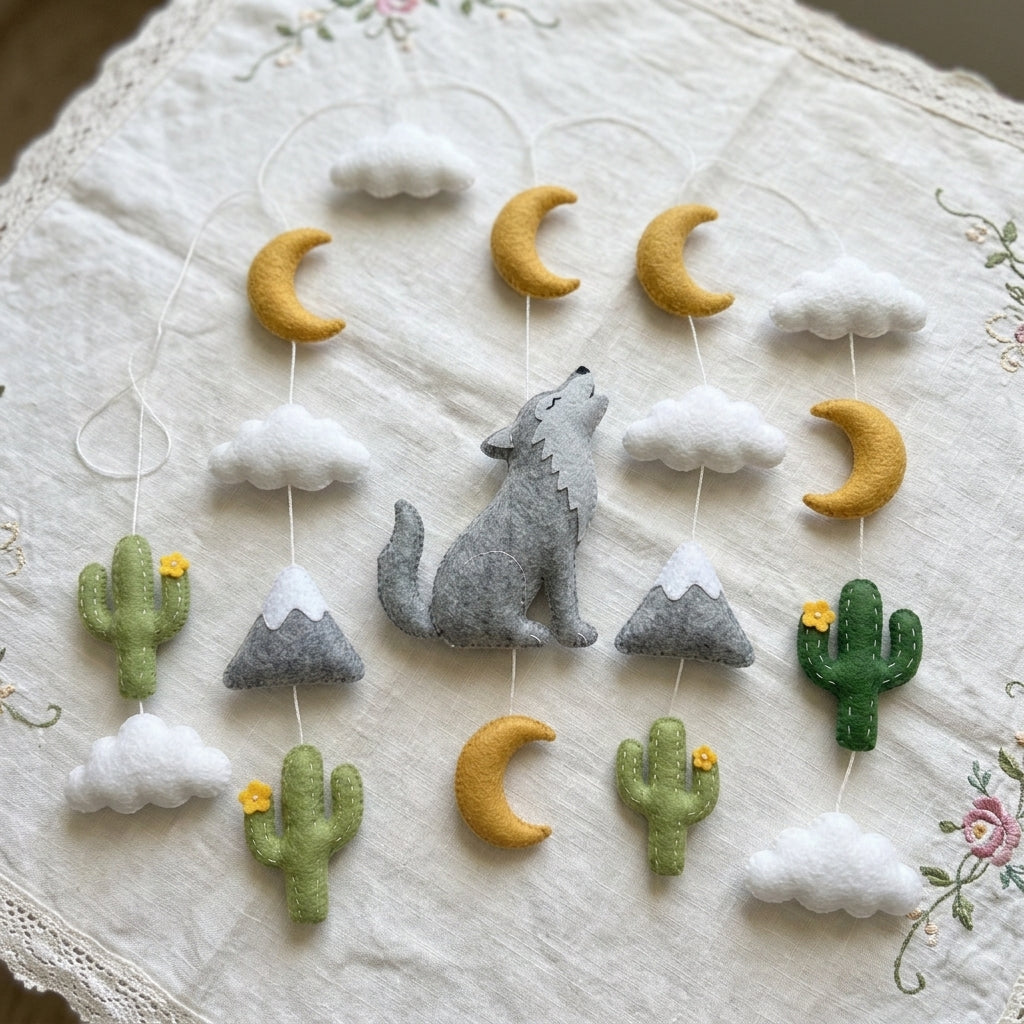 Moonlit Desert Wolf Felt Baby Mobile, Handmade Crib Hanging with Cactus, Mountains and Clouds, Western Nursery Decor