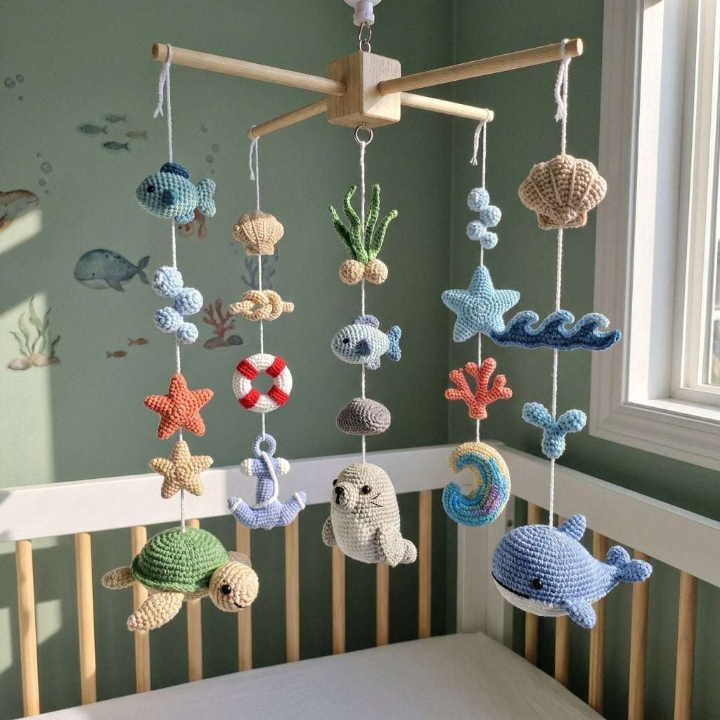 Coastal Discovery Crochet Baby Mobile, Handmade Sea Life Crib Hanging with Whale, Turtle and Seal