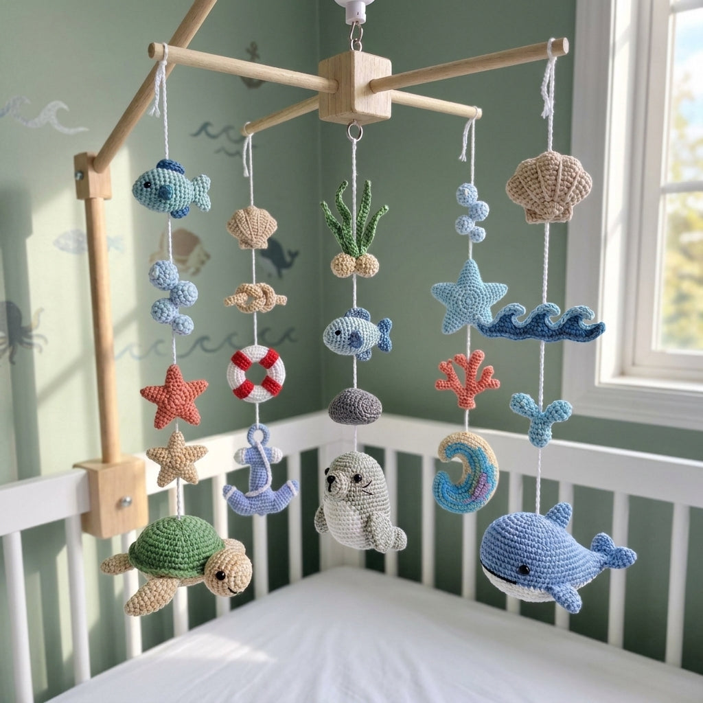 Nautical crochet ocean baby mobile with sea turtle, whale, seal, fish, starfish, waves, anchor and lifebuoy