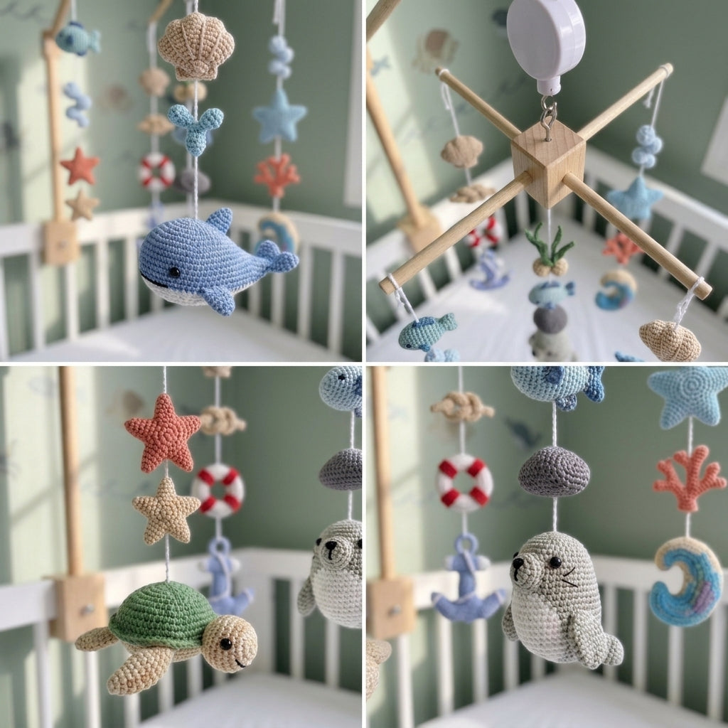 Coastal Discovery Crochet Baby Mobile, Handmade Sea Life Crib Hanging with Whale, Turtle and Seal