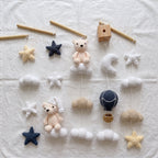Night Sky Bear Crochet Crib Mobile, Handmade Neutral Nursery Hanging with Moon, Stars, Clouds and Hot Air Balloon