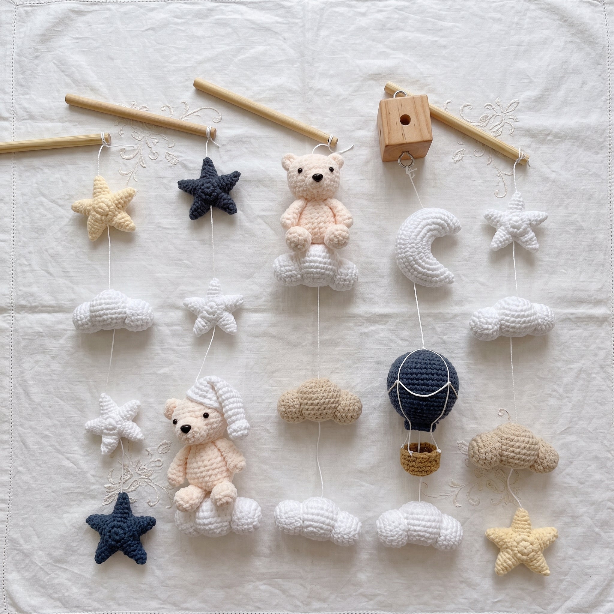 Night Sky Bear Crochet Crib Mobile, Handmade Neutral Nursery Hanging with Moon, Stars, Clouds and Hot Air Balloon