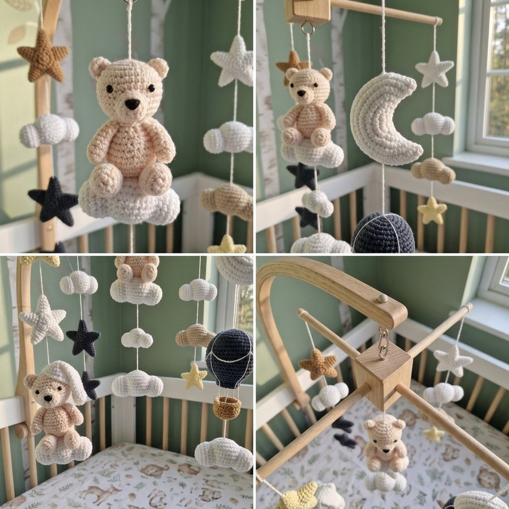 Night Sky Bear Crochet Crib Mobile, Handmade Neutral Nursery Hanging with Moon, Stars, Clouds and Hot Air Balloon