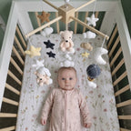 Night Sky Bear Crochet Crib Mobile, Handmade Neutral Nursery Hanging with Moon, Stars, Clouds and Hot Air Balloon