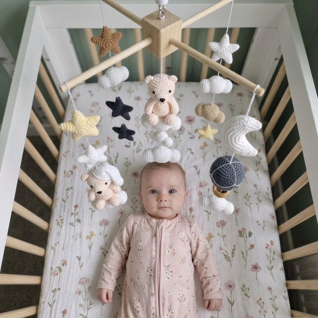 Night Sky Bear Crochet Crib Mobile, Handmade Neutral Nursery Hanging with Moon, Stars, Clouds and Hot Air Balloon